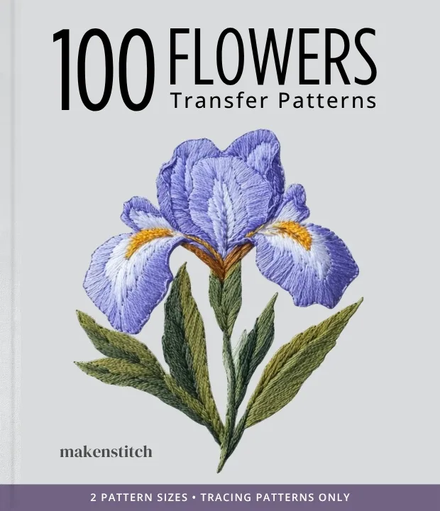 100 Flowers embroidery transfer patterns ebook cover featuring a purple iris