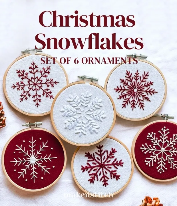 Christmas snowflake embroidery pattern bundle with six handmade snowflake ornaments