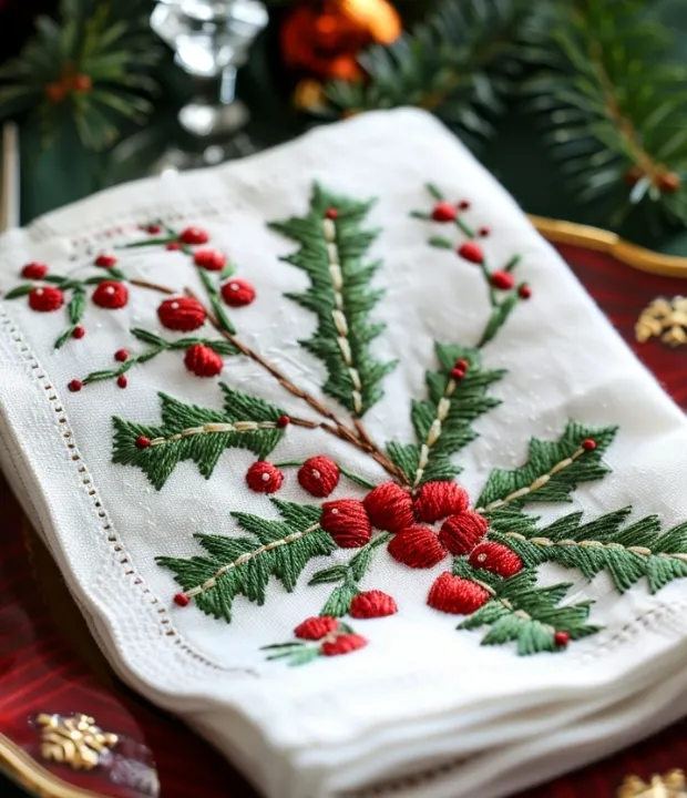 Christmas holly and winter berries hand embroidery on a white napkin