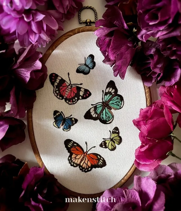 Butterflies hand embroidery pattern featuring six colourful embroidered butterflies
