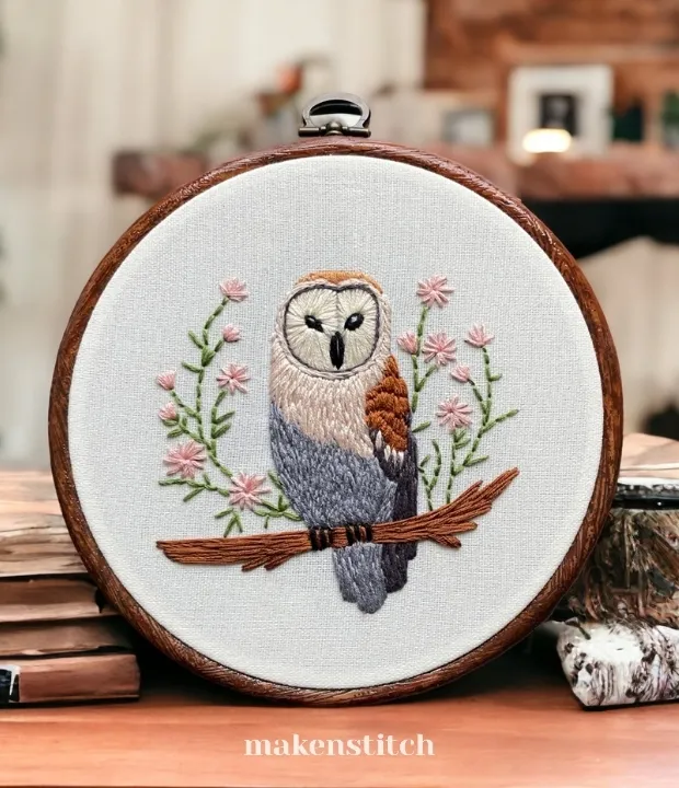 Owl hand embroidery pattern with pink flowers