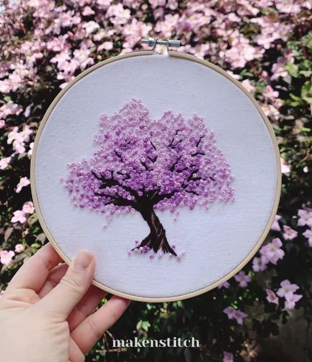 Sakura tree hand embroidery pattern with pink blossoms