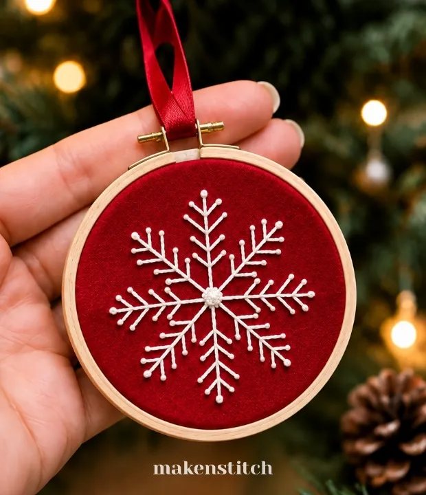 Simple snowflake hand embroidery pattern ornament in red and white