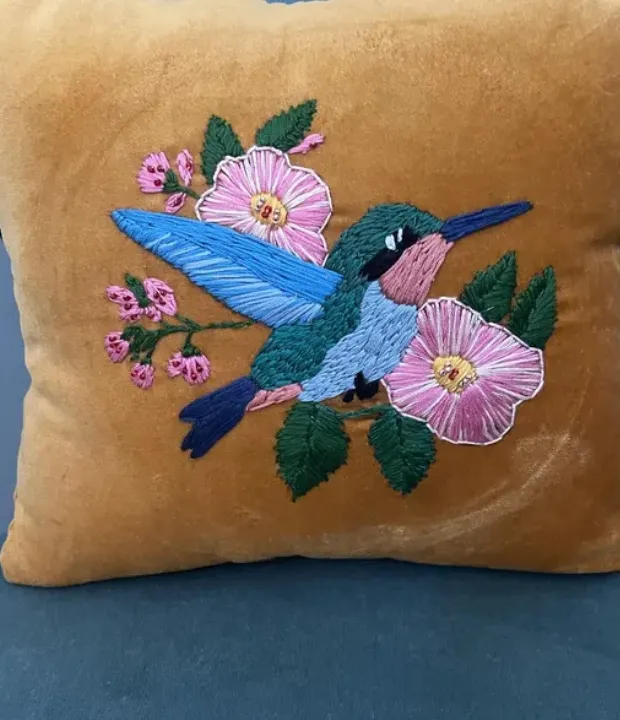 Customer embroidered hummingbird floral cushion