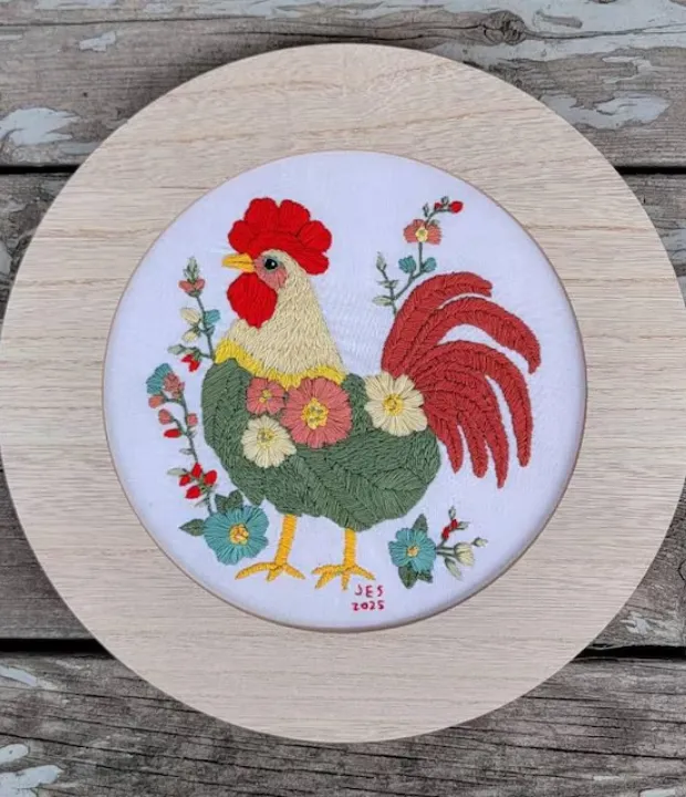 Customer embroidered rooster with flowers in hoop