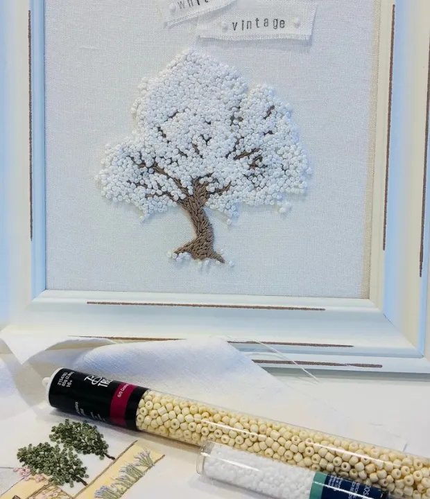 Customer embroidered winter tree design with white beads