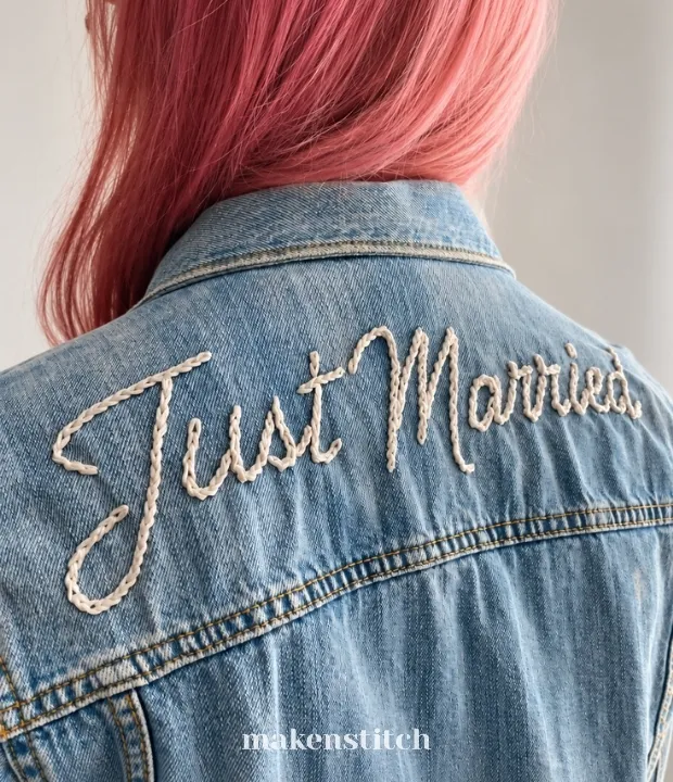 Close-up of hand embroidered Just Married lettering on a denim jacket